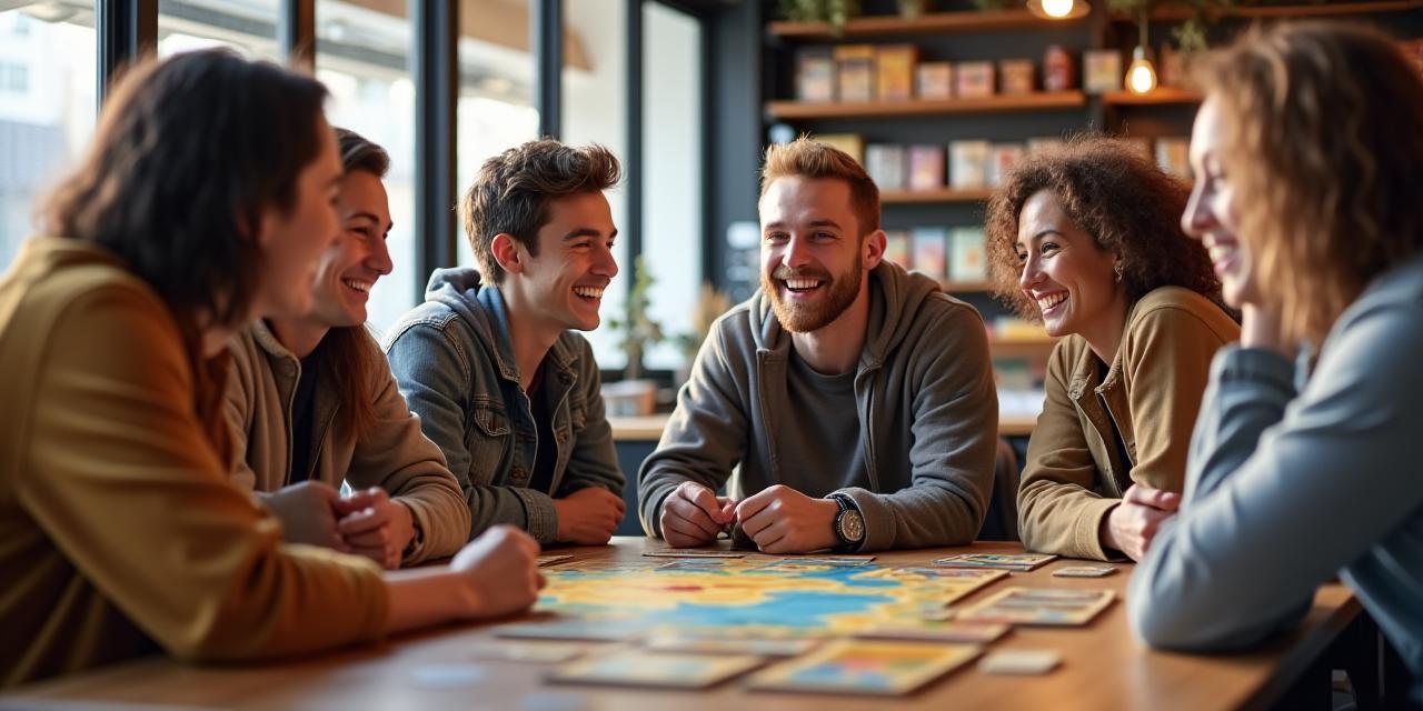 Gruppe lachender Menschen, die ein Brettspiel in einem gemütlichen Spieleladen spielen.